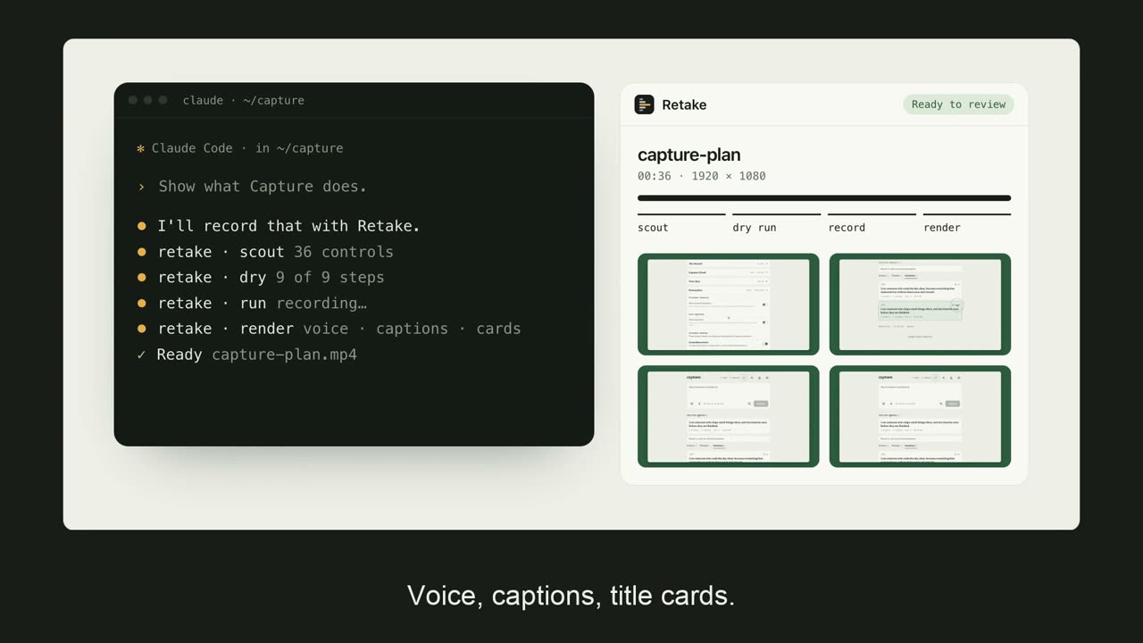 Retake's launch video: Claude Code asked to show what Capture does, beside Retake's window marked Ready to review.