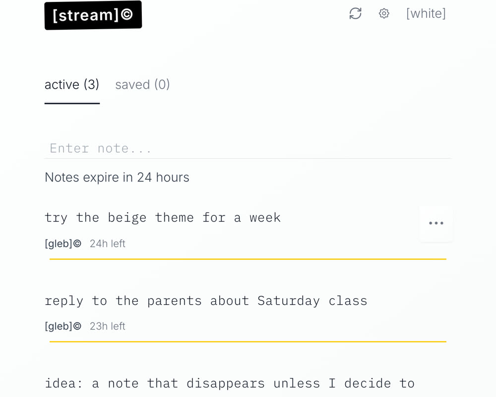 Stream's interface: three active notes, each with a countdown such as 24h left.