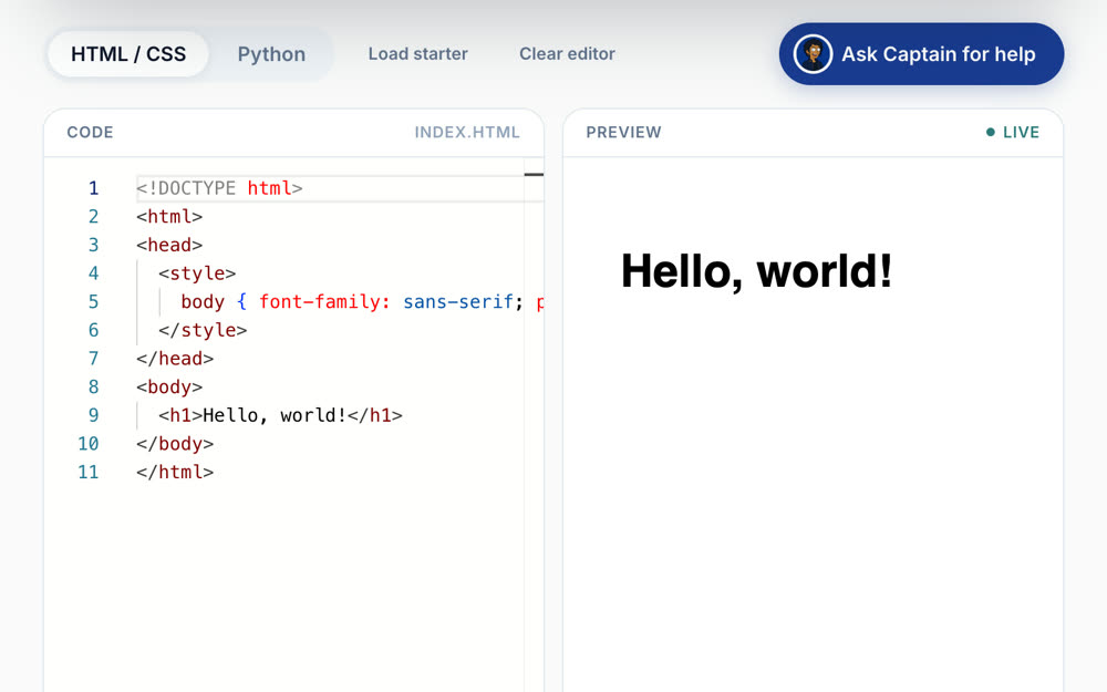TechBash's Playground: tabs for Missions, Adventure, Expeditions, Playground and Ventures, and a code editor beside a live preview.